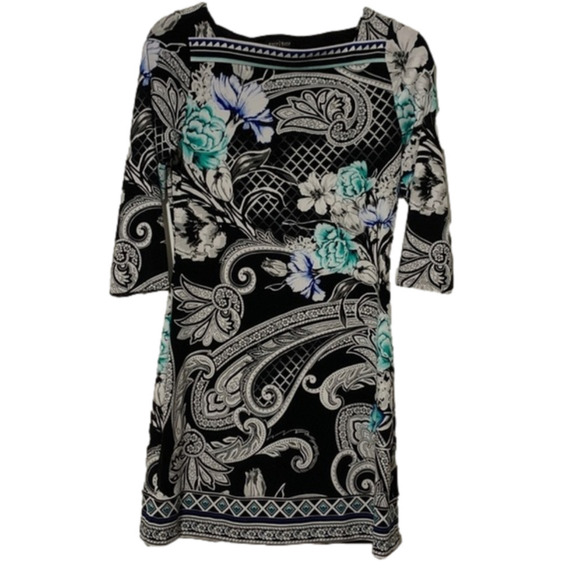 White House Black Market black & white with blue & green floral geometric dress - Picture 1 of 9